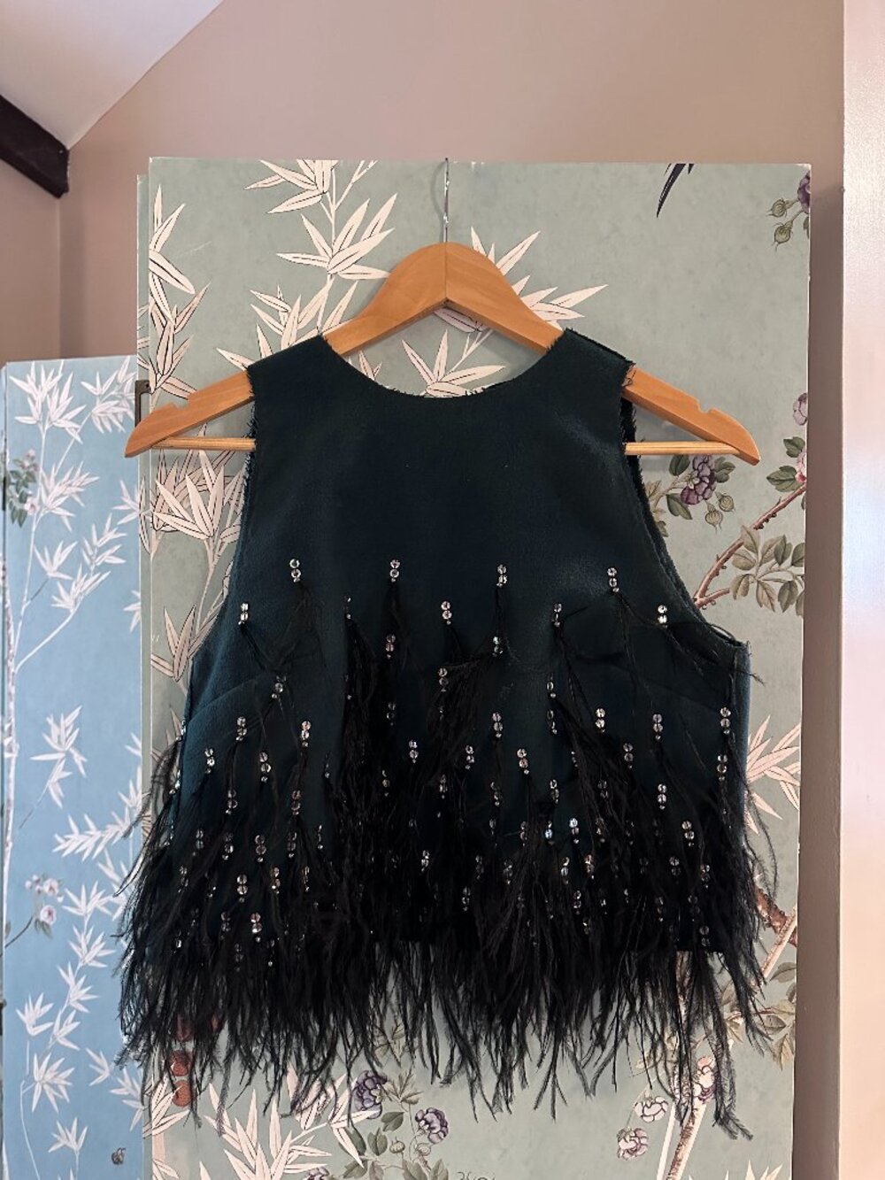 NK Store Brazil Black Feather & Crystal Embellished Sleeveless Top